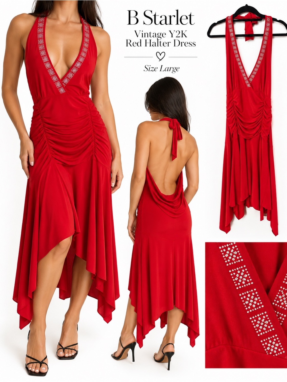 B Starlet Vintage Y2K Red Rhinestone Halter Fairy Dress Large